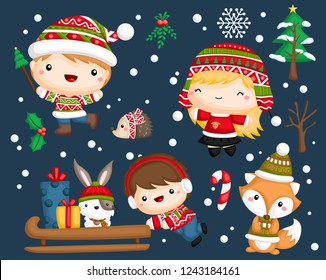 un conjunto vectorial de niños adorables y adorables con ropa de invierno