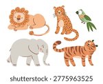 Vector set of cute Africa animals. Lion, tiger, leopard, elephant and parrot. Safari animal illustrations isolated on white background. 