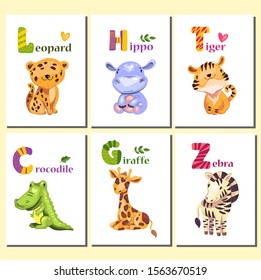 Vector set of cute African animals. Educational cards with letters and funny leopard, hippo, tiger, crocodile, giraffe and zebra. Nursery poster for kids’ rooms, kindergartens, t-shirts and prints.
