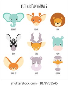 Vector set of cute African animals with text. Elephant, hippo, giraffe, ostrich, lion, zebra, kudu, fennec fox, rhino. Cartoon animals in bright colors. Childish flat set isolated on white background