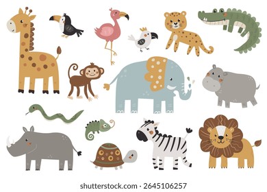 Vector set of cute African animals. Well suited for use in children's rooms, books, kindergarten and other kids design