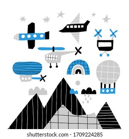 Vector set of cute aircraft. Doodles style. Mountain landscape.