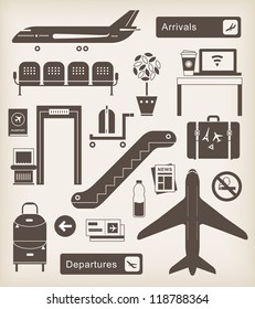 Vector set of cute airport icons and signs