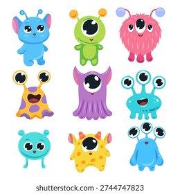 Vector set of cute alien clip arts. Collection of hand-drawn naive monsters for stickers, games, and cards.