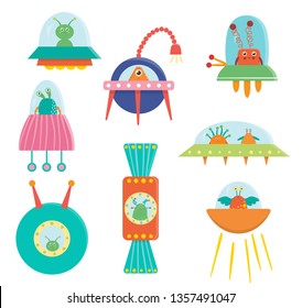 Vector set of cute aliens, ufo, flying saucer for children. Bright and funny flat illustration of smiling extraterrestrial creatures sitting in space transport