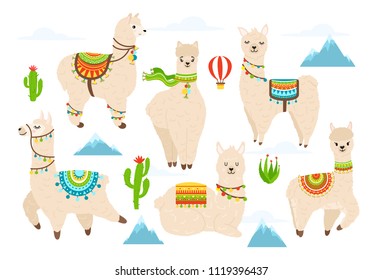 Vector set of cute alpaca and llama witn cactuses, mountains, balloon and clouds. Cartoon llama character illustration elements for poster, greeting, birthday card. Beautiful illustration of llama.