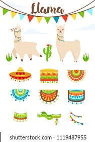 Vector set of cute alpaca and llama witn cactuses, saddlery, sombrero hat and clouds. Cartoon llama character illustration elements for poster, greeting, birthday card. Illustration of alpaca.