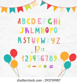 Vector set of cute alphabet with flags and balloons on a crumpled paper background