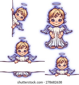 Vector Set Of Cute Angel With Panel For Text.