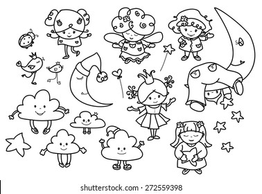 Vector set cute angels cartoons, black silhouettes.