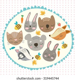 vector set. cute animal bunny, rabbit, raccoon, fox, bear, cat, koala