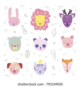 Vector set with cute animal. Bunny, bear, lion, pig, deer, Fox, cat, Panda and dog.