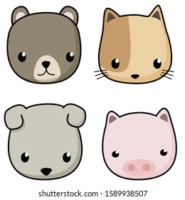 vector set of cute animal cartoon character. bear , cat , dog and pig cartoon face isolated on white background