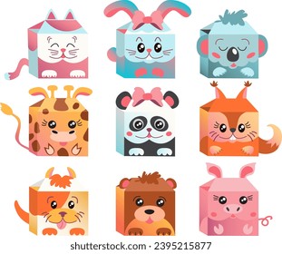 Vector set of cute animal gift box for festive kid design isolated on white background