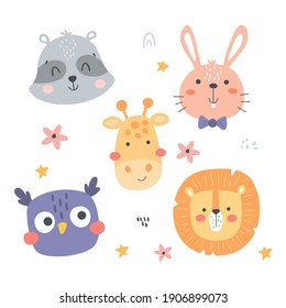 vector set of cute animal heads, raccoon, rabbit, giraffe, lion, owl