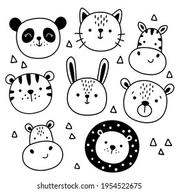 vector set of cute animal heads, panda, cat, zebra, tiger, rabbit, bear, zebra, lion