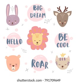 Vector set with cute animal and phrase. Bunny, bear, lion, deer and cat.