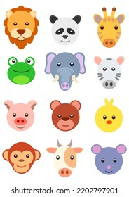 Vector set of cute animal portraits, hand drawn wildlife and farm animal faces, colorful cartoon style illustrations isolated on white