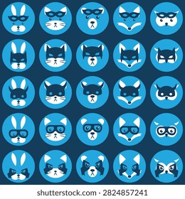 Vector set of cute animal superhero avatars in circular blue icons wearing various masks including rabbit, cat, bear, fox, owl.