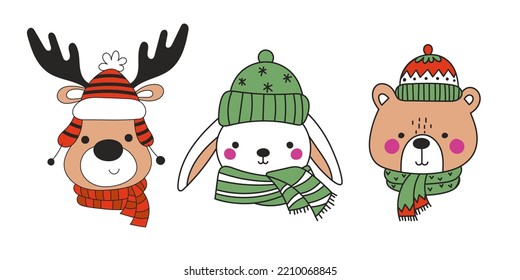 Vector set of cute animals: bear deer rabbit in winter clothes. Animal holiday cartoon character isolated on white background.