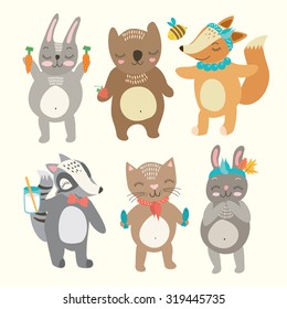 vector set. cute animals. bunny, rabbit, raccoon, fox, bear, cat