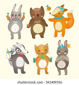 vector set. cute animals. bunny, rabbit, raccoon, fox, bear, cat