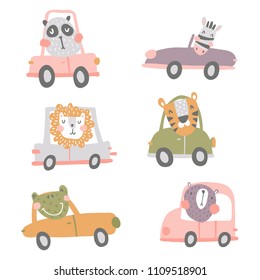 vector set, cute animals in cars, scandinavian nursery style illustration, panda, zebra, lion, tiger, frog and bear