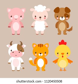 Vector set with cute animals in cartoon style. Illustration in a children's style on a beige background.