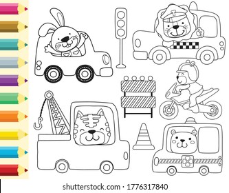 Vector set of cute animals cartoon driving vehicle, traffic elements cartoon, coloring book or page