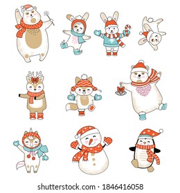 Vector set of cute animals cartoon characters isolated on white. Rabbit, bear, deer, fox, unicorn, snowman, penguin in winter clothes. Christmas concept. For stickers, decor, design, cards and print.