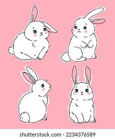 
Vector set of cute animals. Collection of white fluffy rabbits on a pink backgroundDoodle cartoon style. Childish cute print. Print Design Textile for Kids Fashion.