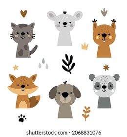 vector set of cute animals and elements, collection of animals for kids
