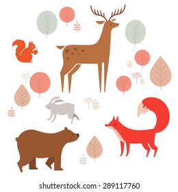 Vector set of cute animals in the forest: fox, bear, rabbit, deer and squirrel. illustration in cartoon style.