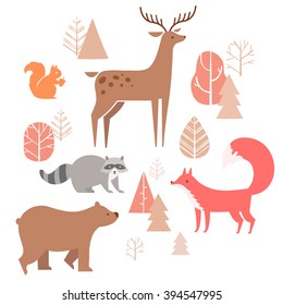 Vector set of cute animals in the forest: fox, bear, raccoon, deer and squirrel. illustration in cartoon style.