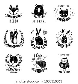 Vector set of cute animals: fox, bear, rabbit, squirrel, wolf, hedgehog, owl, cat. Illustrations for children's prints, greetings, posters, t-shirt, packaging. Cards with cute illustrations.