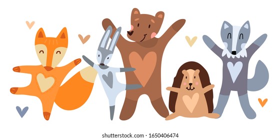 Vector set of cute animals: fox, hare, wolf, bear, hedgehog. The animals are having fun, jumping and dancing. Friendship of wild forest animals. Scandinavian style for kids room and textiles