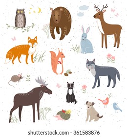 Vector set of cute animals: fox, bear, rabbit, squirrel, wolf, hedgehog, owl, deer, cat, dog, mouse.