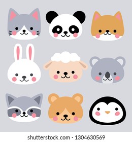 Vector set of cute animals head, kids illustration. Cat, panda, puppy, rabbit, sheep, koala, raccoon, penguin, bear.