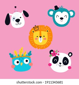 vector set of cute animals heads wearing accessories