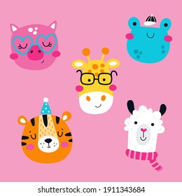 vector set of cute animals heads wearing accessories, pig, frog, giraffe, llama, tiger