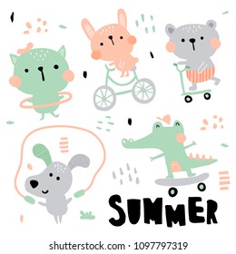 vector set  of cute animals illustration, summer activities for children