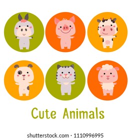 Vector set of cute animals. Illustration of piggy, donkey, cow, sheep, cat and dog. Can be used for cards, stickers, baby clothes, baby shower or birthday invitations