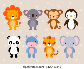Vector set with cute animals. Illustration in a cartoon style on a children's theme. Africa, tropics, antarctica.