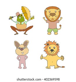 Vector set of cute animals. Vector illustration of cartoon leo, rabbit; frog