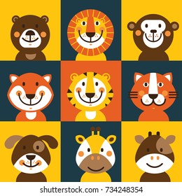 Vector set of cute animals. illustration of bear, lion, monkey, fox, tiger, cat, dog, giraffe and cow. Can be used for cards or birthday invitations