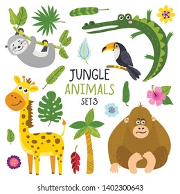Vector set of cute animals from jungle and plants. Isolated elements for stickers, cards, invites and posters