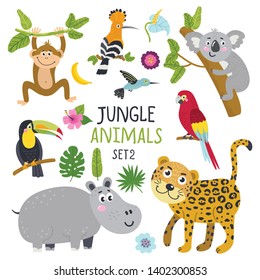 Vector set of cute animals from jungle and plants. Isolated elements for stickers, cards, invites and posters