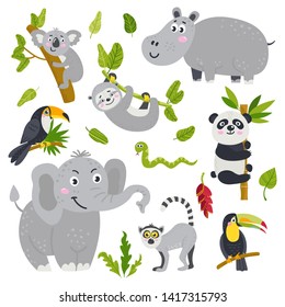 Vector set of cute animals from jungle and plants. Isolated elements for stickers, cards, invites and posters