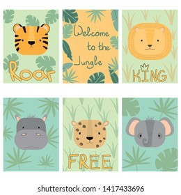 Vector set of cute animals. Jungle and savanna animals: tiger, cheetah, lion, hippopotamus, elephant.   
Cartoon illustration for children cards, posters