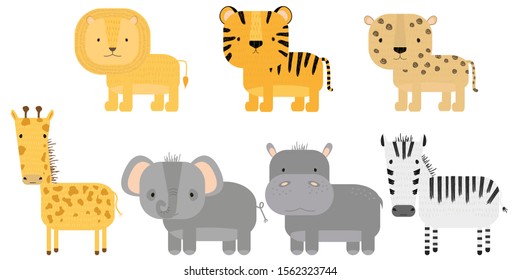 Vector set of cute animals. Jungle and savanna animals: tiger, cheetah, lion, zebra, giraffe, hippopotamus, elephant. Cartoon illustration for children